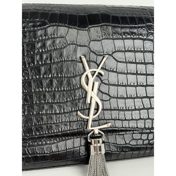Saint Laurent Kate Tassel Croc-Embossed Leather Shoulder Bag in Black - Picture 3 of 16